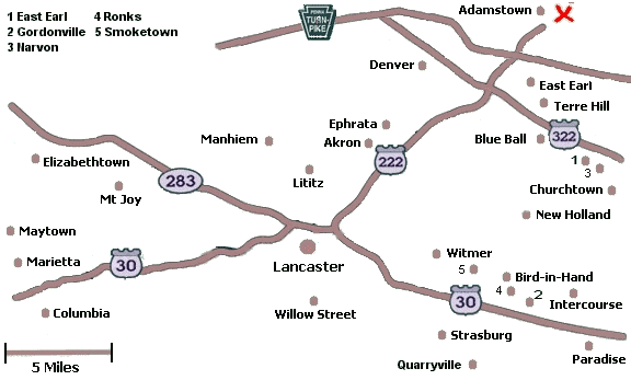 Click on a city name to display inns in that city, or click anywhere else for a list of all inns in Lancaster County.