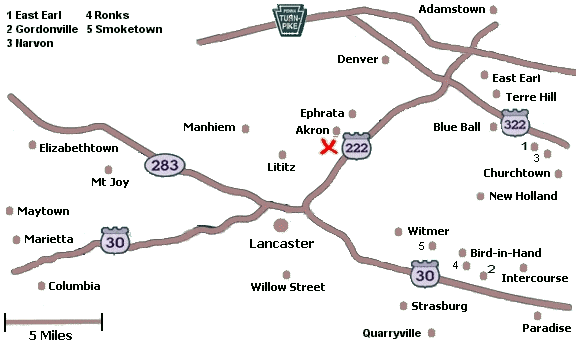 Click on a city name to display inns in that city, or click anywhere else for a list of all inns in Lancaster County.