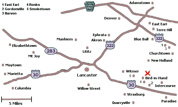 Click on a city name to display inns in that city, or click anywhere else for a list of all inns in Lancaster County.