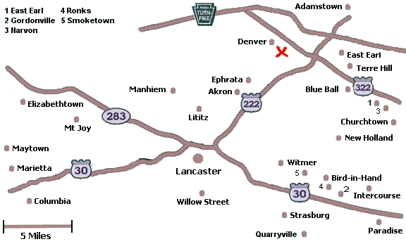Click on a city name to display inns in that city, or click anywhere else for a list of all inns in Lancaster County.
