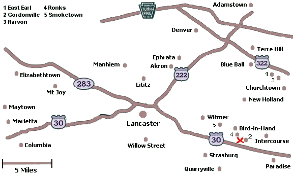 Click on a city name to display inns in that city, or click anywhere else for a list of all inns in Lancaster County.