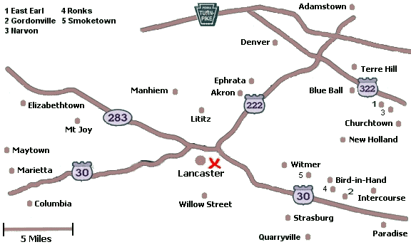 Click on a city name to display inns in that city, or click anywhere else for a list of all inns in Lancaster County.