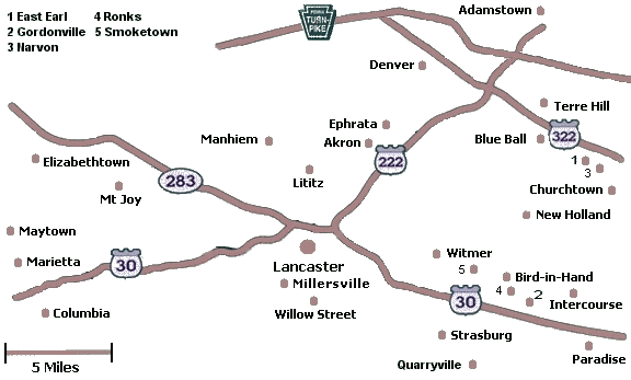 Click on a city name to display inns in that city, or click anywhere else for a list of all inns in Lancaster County.