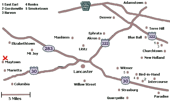 Click on a city name to display inns in that city, or click anywhere else for a list of all inns in Lancaster County.
