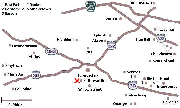 Click on a city name to display inns in that city, or click anywhere else for a list of all inns in Lancaster County.