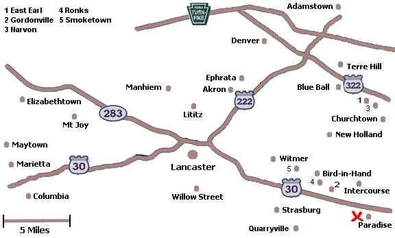 Click on a city name to display inns in that city, or click anywhere else for a list of all inns in Lancaster County.