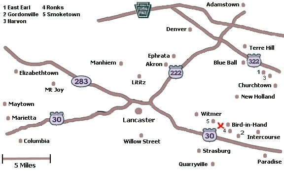 Click on a city name to display inns in that city, or click anywhere else for a list of all inns in Lancaster County.