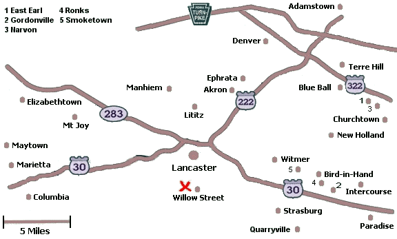 Click on a city name to display inns in that city, or click anywhere else for a list of all inns in Lancaster County.